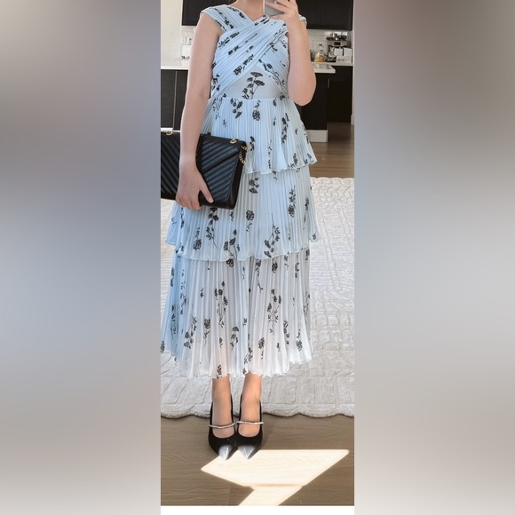 SELF- PORTRAIT BLUE FLORAL SILHOUETTE CHIFFON CROSSOVER MIDI DRESS - Picture 11 of 11